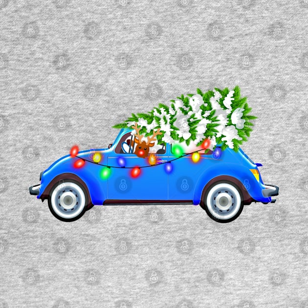 Merry Christmas Reindeer In Blue Car by holidaystore